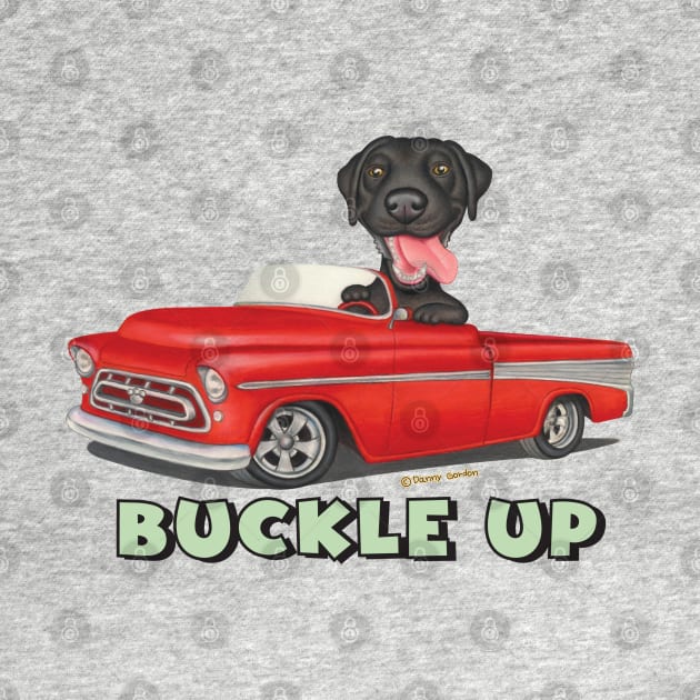 Cute Black labrador Retriever driving Classic Red Truck by Danny Gordon Art